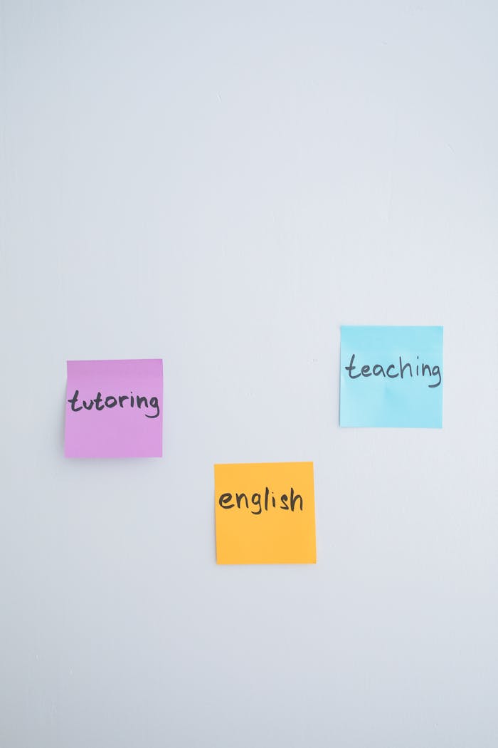 our-story-02 Brightly colored sticky notes for English teaching and tutoring sessions.